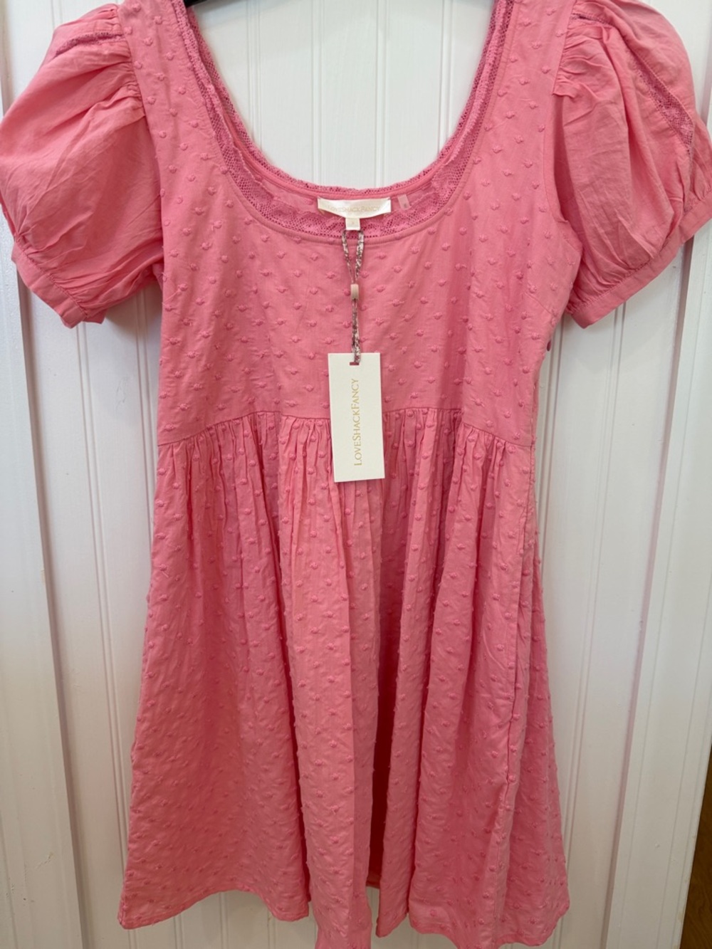 LoveShackFancy Pink Swiss Dot Puff Sleeve Mini Dress